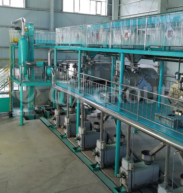 Taller de prensado de aceite de canola con prensa de tornillo y cocedor a vapor.