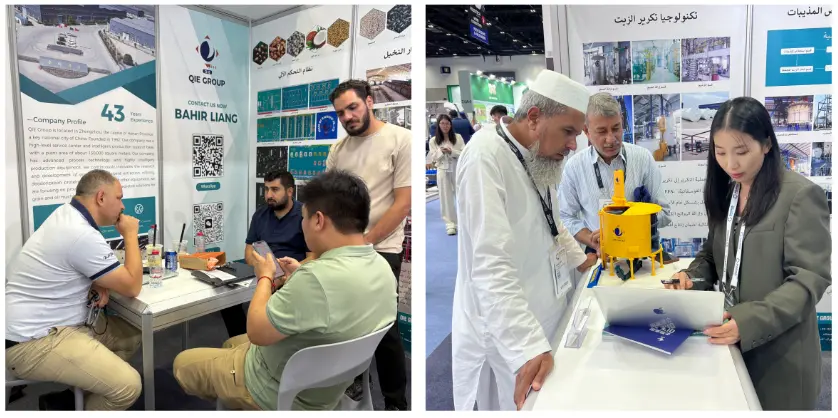 Clientes internacionales visitando el stand de QIE Group en Gulfood Manufacturing 2025