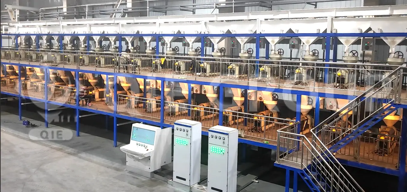 Taller de prensado de aceites comestibles con modernas prensas hidráulicas y de tornillo para aceites vegetales y de frutos secos.