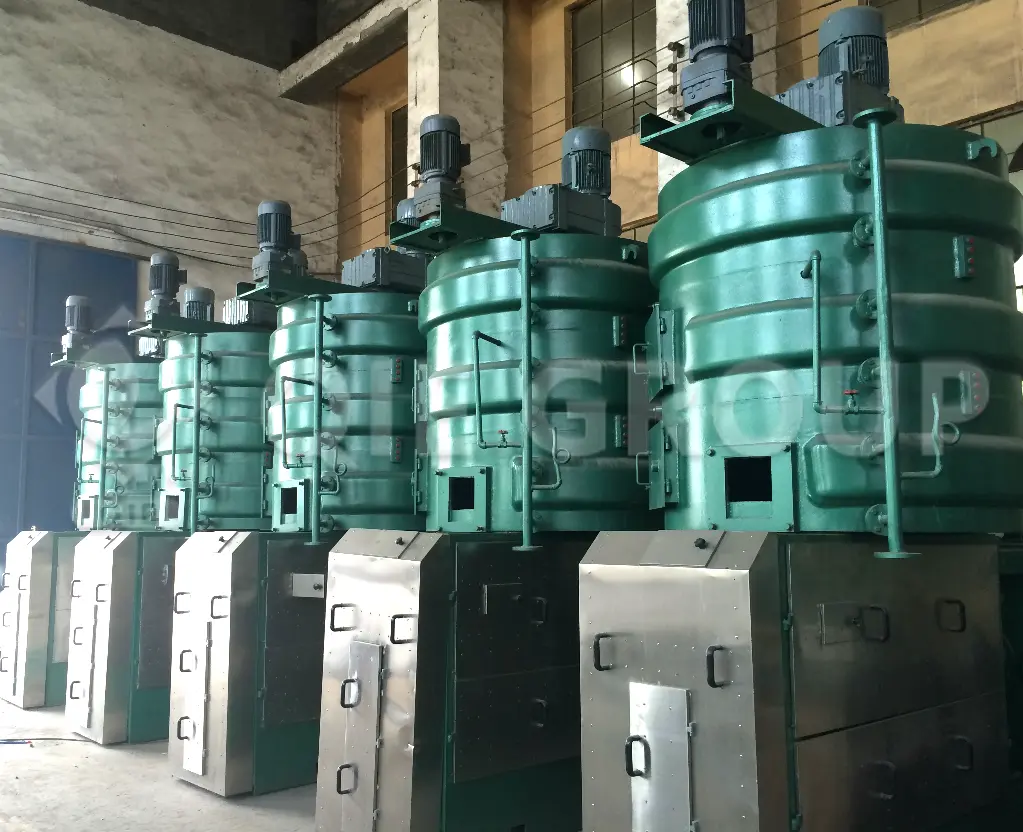 Máquina prensadora de aceite de karité para la extracción mecánica de manteca de karité a partir de las semillas de karité.